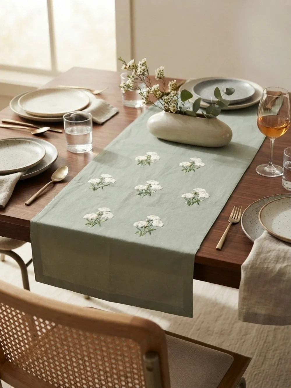 Sage Green Floral Embroidered Table Runner - Brand